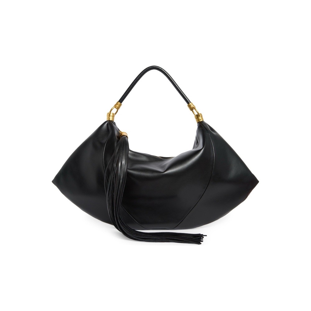 BCBG Tassel Shoulder Bag Black Gold Hobo Purse Large Zipper Pull Flaw